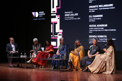 Women In Design 2020+ Conference- Panel Discussion titled Retrospective then and Now (L-R- Asad Lalljee, Neera Adarkar, Hirante Welandawe, Brinda Somaya, Shimul Javeri Kadri, Eli Giannini, Abha Narian Lambah)